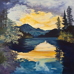 Wall Mural - Golden Hour Lake: Serene Sunset Landscape Painting