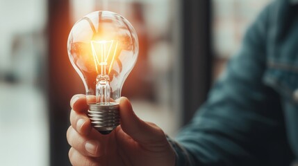 Poster - A hand holds a glowing light bulb, symbolizing ideas, innovation, and creativity in a bright indoor setting.