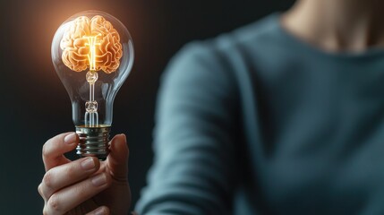 Poster - A person holds a light bulb containing a glowing brain, symbolizing ideas, innovation, and creativity.