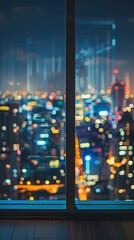 Wall Mural - glowing lights on a window sill with a cityscape in the background