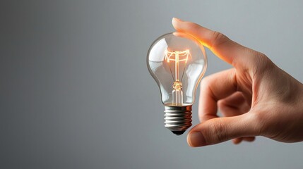 Poster - A hand holding a glowing light bulb, symbolizing ideas, innovation, and creativity, against a simple gray background.