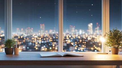 Wall Mural - glowing lights on a window sill with a cityscape in the background