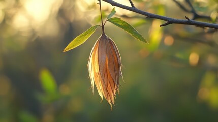 Poster - Natural pod hanging from a tree branch with warm background light showcasing details of leaves and plant life in a serene environment