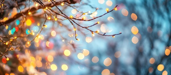Poster - Colorful festive lights illuminating winter branches against a dreamy blurred background creating a magical holiday atmosphere