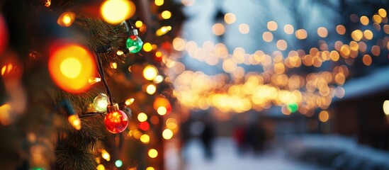 Poster - Festive holiday lights illuminating a wintry scene with a blurred background creating a magical and warm atmosphere.