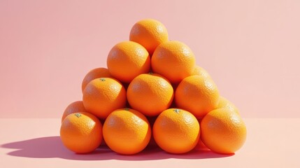 Poster - Pyramid of fresh bright oranges stacked on a soft pink background creating an appetizing and vibrant visual composition