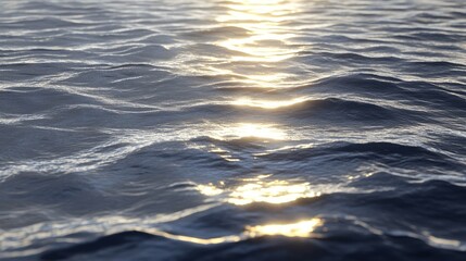 Poster - Tranquil sunset reflection on serene sea surface with gentle waves creating a shimmering effect under warm golden light