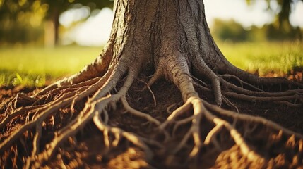 Poster - Intricate patterns of tree roots extending across the ground in soft sunlight showcasing natural textures and earthy tones.