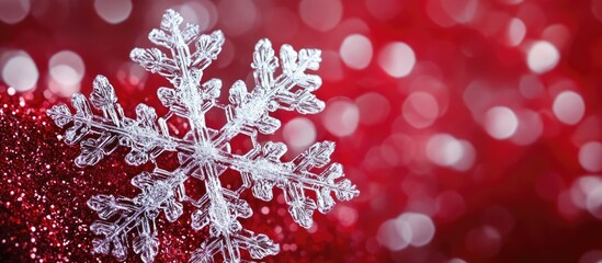 Poster - Closeup of a large translucent snowflake against a vibrant red background with bokeh effect for seasonal or festive themes.