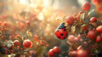 Wall Mural - Ladybug on Red Berries: A Stunning Close-Up