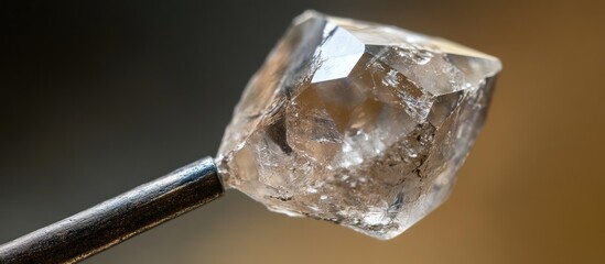 Poster - Close-up view of a natural diamond crystal with reflections and facets displayed on a metallic handle against a blurred background.