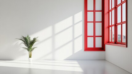 Poster - Modern minimalist interior with red window frames and a potted plant on white wall reflecting natural light and shadows.