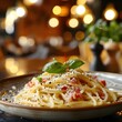 © Kanika Graphic - Delicious Pasta Dish with Basil Garnish in Cozy Restaurant Setting