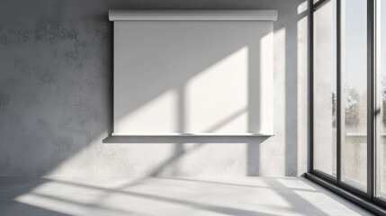Poster - Modern minimalist interior showcasing a roller blind on a gray concrete wall with natural light casting shadows through large windows.