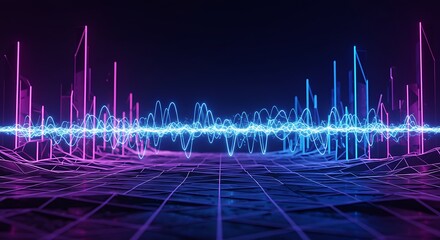 Pulsing Electric Wave in Futuristic Digital Landscape with Bright Neon Lines