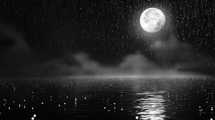 Poster - Raindrops falling on a dark surface under a glowing moonlight with reflections on water creating a serene nighttime atmosphere