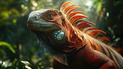 Poster - Closeup of a vibrant Red Iguana in lush tropical foliage showcasing its distinctive features and colorful scales in natural sunlight