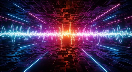 Pulsing Electric Wave in Futuristic Digital Landscape with Bright Neon Lines