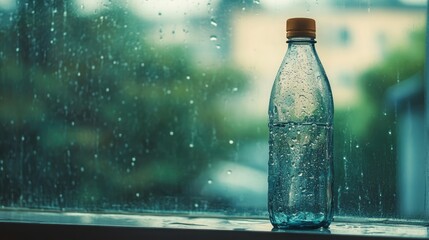 Poster - Precipitation inside a transparent bottle on a window sill with rain droplets in the background creating a serene atmosphere