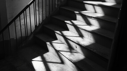 Poster - staircase with sunlight shadows creating intricate patterns in a building interior black and white p