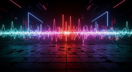 Pulsing Electric Wave in Futuristic Digital Landscape with Bright Neon Lines