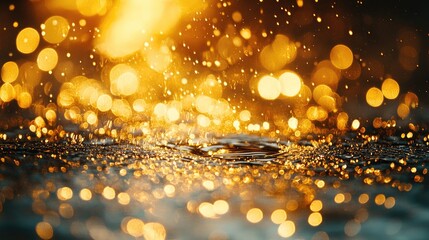Poster - Stunning macro shot of water droplets reflecting shimmering golden lights in soft focus creating a magical bokeh effect