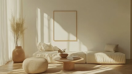 Poster - Aesthetic living room interior with modular sofa round coffee table and decorative accessories in natural light home decor design template