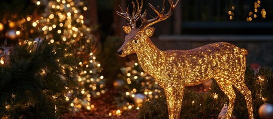Poster - Illuminated deer decoration surrounded by garland lights enhancing festive outdoor holiday ambiance
