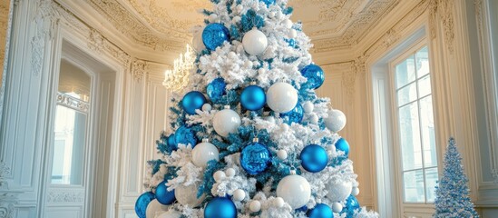 Fototapete - Vintage Christmas tree decorated with blue and white ornaments in elegant interior showcasing winter holiday spirit and classic design elements