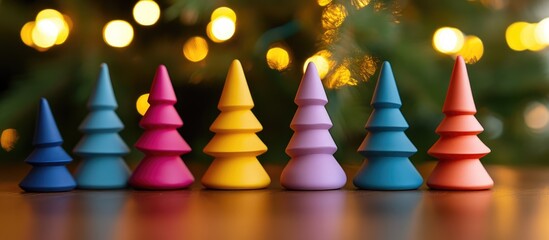 Fototapete - Colorful decorative Christmas trees on a table with blurred festive lights in the background creating a joyful holiday atmosphere