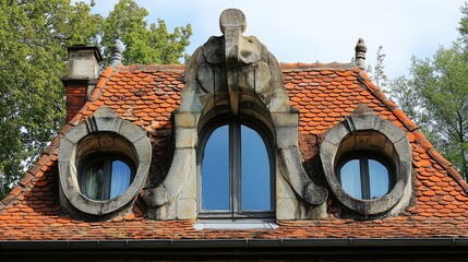 Poster - Unique architectural roof design featuring circular windows and intricate stone details against a backdrop of green foliage and blue skies.