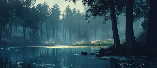 Poster - Serene forest lake landscape reflecting morning light with lush greenery and tranquil waters in a peaceful natural setting
