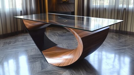 Poster - Modern artistic table with a glass top and an elegant wooden base in a contemporary interior setting.