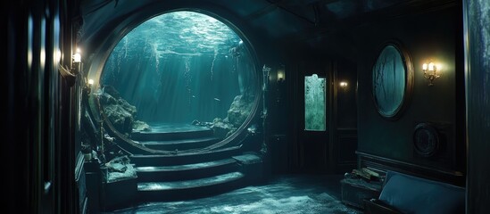 Poster - Underwater room with soft light beams illuminating the serene space filled with aquatic ambiance and an enchanting atmosphere.