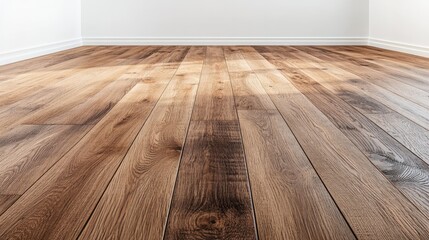 Poster - Tan sepia brown wooden floor with clean white walls ideal for adding text and decorative elements in interior design projects