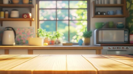 Poster - Cozy Kitchen Interior with Blurred Background and Warm Wooden Table Top in Natural Light