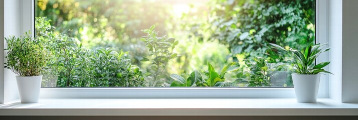 Leinwandbilder - Bright garden view from window with potted plants showcasing natures beauty in a serene setting. Generative AI