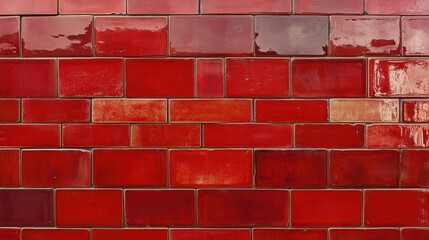 Poster - Vibrant glossy red wall tiles arranged in a seamless pattern creating a striking textured background for design projects.