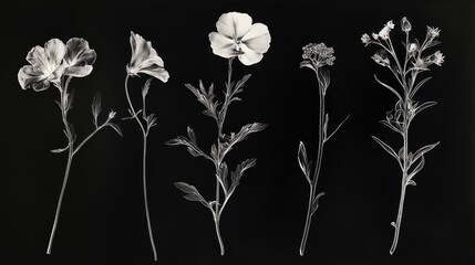Poster - Botanical illustration of Tagetes erecta and other flowering plants on a contrasting background highlighting their unique structures and details