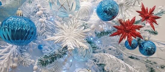 Poster - Festive holiday tree ornaments in blue and red with white accents creating a vibrant seasonal backdrop for celebrations