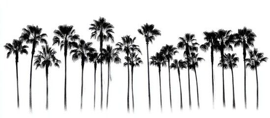 Poster - Silhouetted tall palm trees against a white background creating a serene tropical aesthetic and evoking a sense of calm and relaxation.