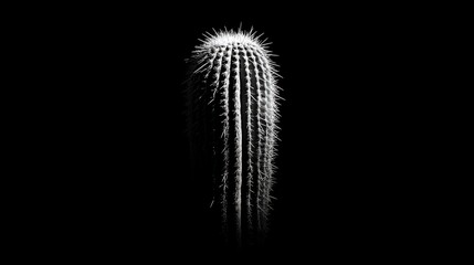 Poster - Dramatic silhouette of a dense cactus with intricate spikes illuminated against a black background highlighting its unique texture and form