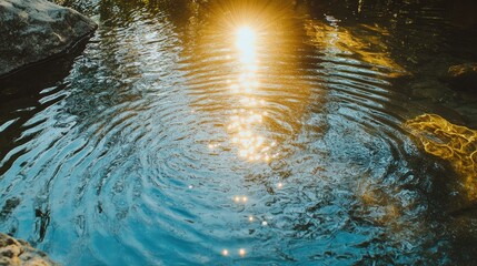 Poster - Sunlight Reflection on Calm River Water with Ripples and Natural Stones Surrounding the Scene