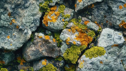Poster - Lichen covered rocks showcasing vibrant textures and colors against a natural backdrop by the sea. Ideal for nature and ecology themes.