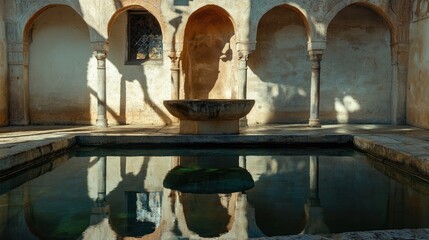 Poster - Reflection of shadow on a basin in historical architecture with arches and tranquil water in serene ancient courtyard setting