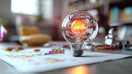 Poster - A glowing light bulb sits on a desk with colorful sketches, symbolizing creativity and innovation in a bright workspace.