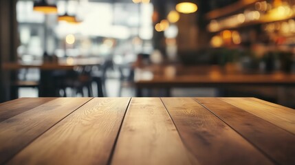 Poster - Wooden Tabletop Against Blurred Cozy Dining Room Background with Soft Lighting for Restaurant or Cafe Ambiance