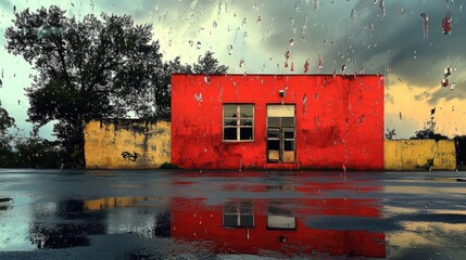 Poster - vibrant red building contrast with stormy sky and reflections on wet pavement after rain showcasing 
