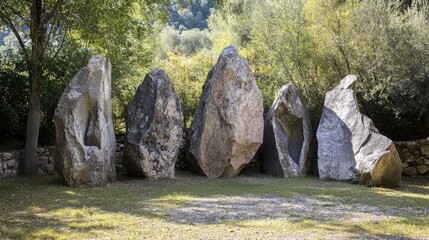 Poster - An arrangement of uniquely shaped rocks in a serene cave entrance surrounded by lush greenery and trees in natural landscape setting