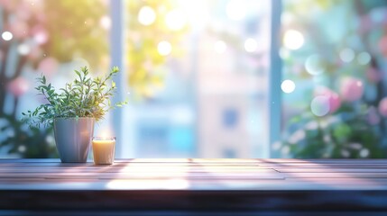 Poster - Serene Tabletop Scene with Potted Plant and Candle Against a Bright Blurred Background in a Cozy Room